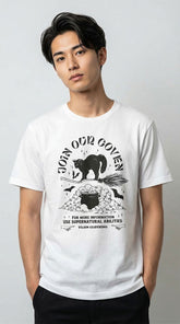 Yūjin Clothing Join Our Coven cat T-Shirt featuring a black T-shirt with a mystical coven and cat graphic design.