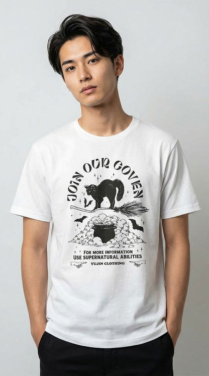 Yūjin Clothing Join Our Coven cat T-Shirt featuring a black T-shirt with a mystical coven and cat graphic design.