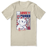 Yūjin Clothing Love Sucks Cat T-Shirt featuring a graphic of a cat with playful, bold lettering on a casual cotton tee.