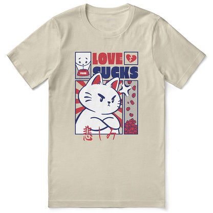 Yūjin Clothing Love Sucks Cat T-Shirt featuring a graphic of a cat with playful, bold lettering on a casual cotton tee.