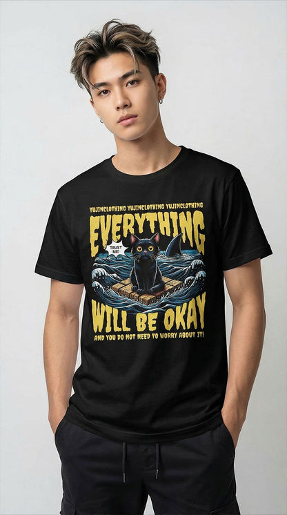 Yūjin Clothing Everything Will Be Okay cat T-Shirt featuring a comfortable casual fit and a positive printed message on soft fabric.