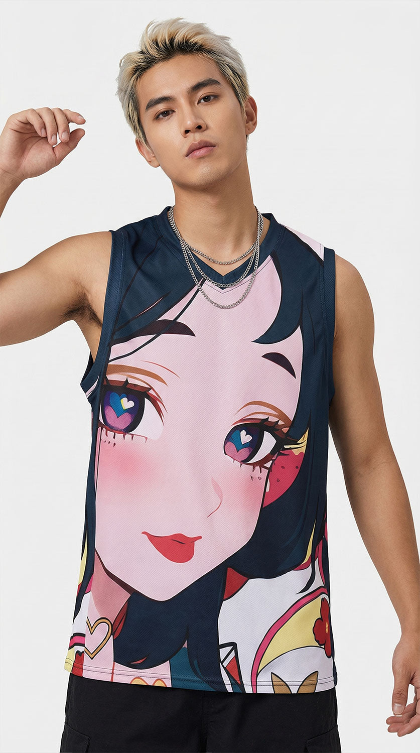Yūjin Clothing Deeply In Love recycled basketball jersey tank top with vibrant print and sleeveless design.