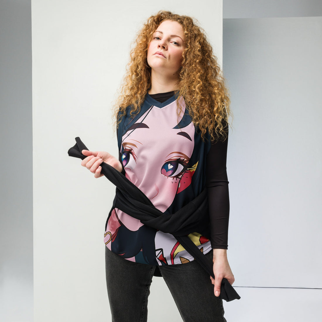 Yūjin Clothing Deeply In Love recycled basketball jersey tank top with vibrant colors and sleeveless design.