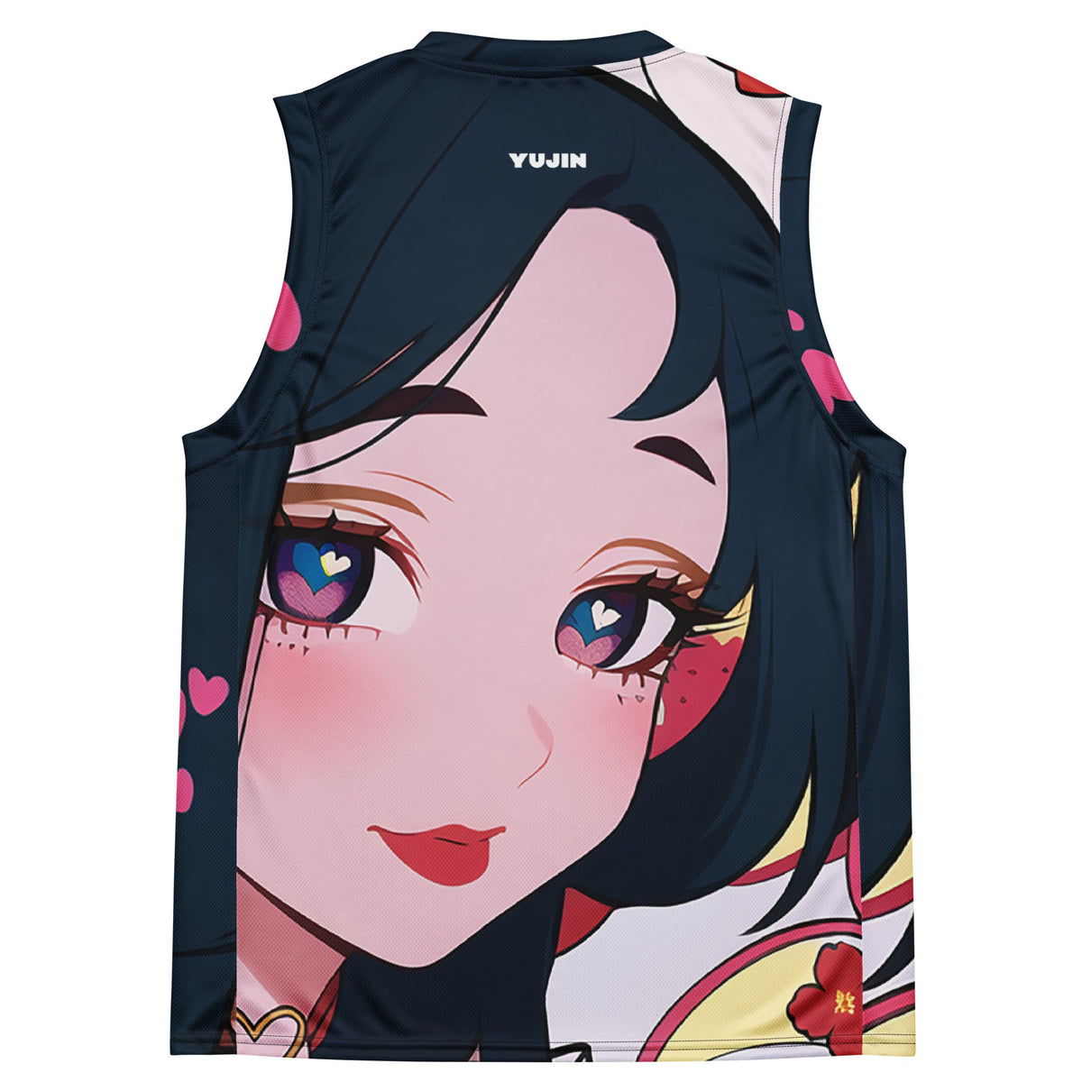 Yūjin Clothing Deeply In Love recycled basketball jersey tank top featuring vibrant design and comfortable fit.