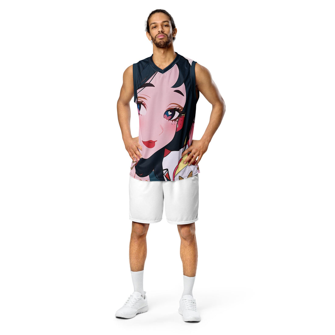 Yūjin Clothing Deeply In Love recycled basketball jersey tank top with vibrant floral design and sleeveless fit.