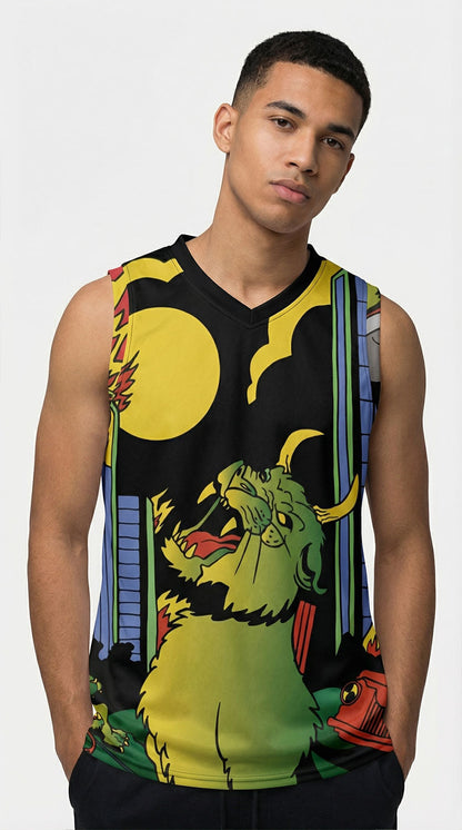 Devil Cat recycled basketball jersey tank top by Yūjin Clothing featuring a bold devil cat graphic on soft fabric.