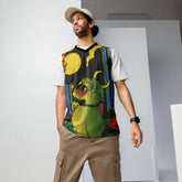 Devil Cat recycled basketball jersey tank top by Yūjin Clothing featuring a bold devil cat design on lightweight fabric.