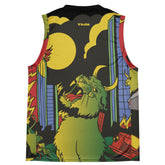 Devil Cat recycled basketball jersey tank top by Yūjin Clothing featuring bold devil cat graphic and athletic style.