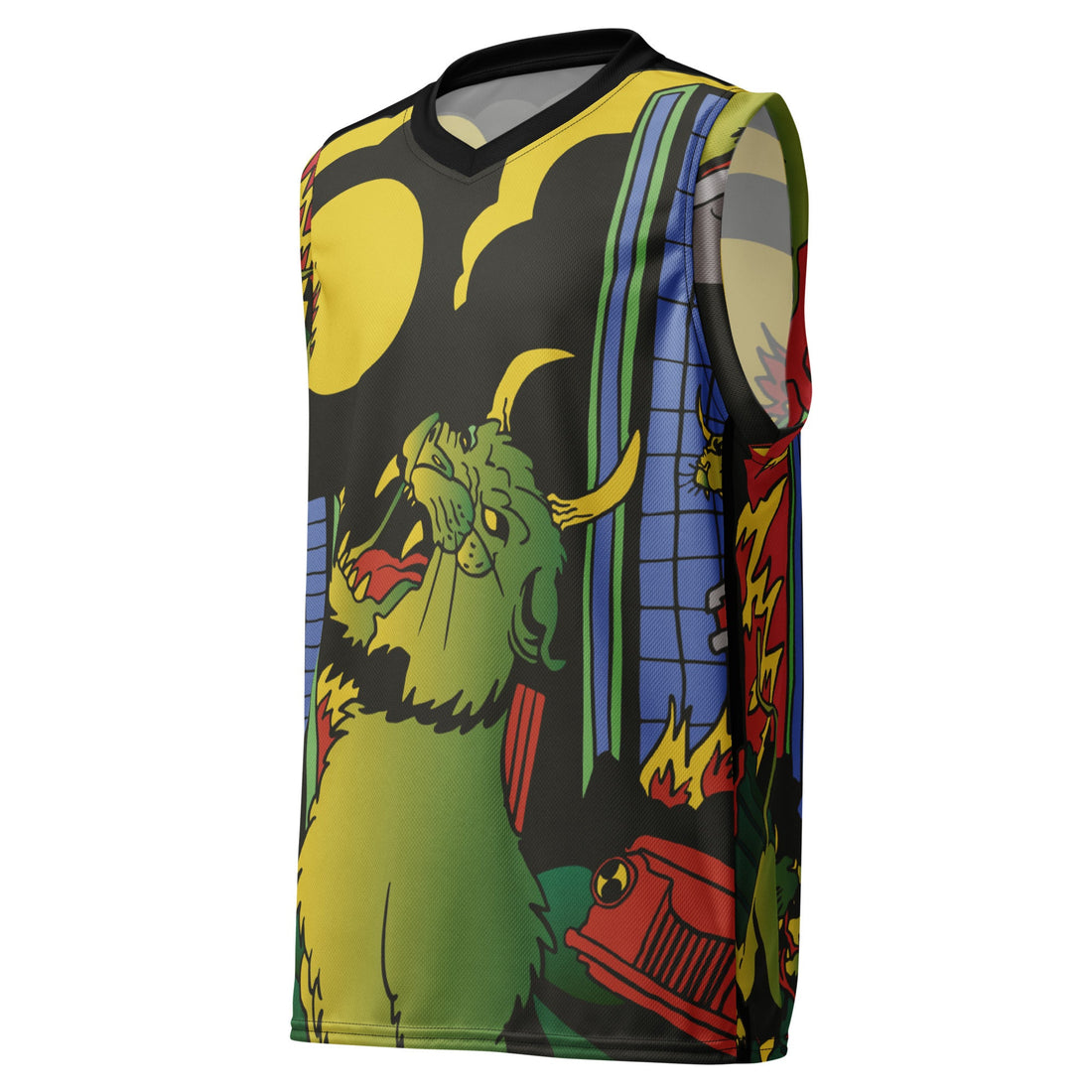 Devil Cat recycled basketball jersey tank top by Yūjin Clothing featuring a devil cat graphic on a sporty sleeveless design.