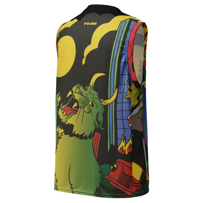 Devil Cat Recycled Basketball Jersey tank top by Yūjin Clothing featuring a devil cat graphic on eco-friendly fabric.
