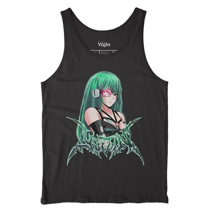 Yūjin Clothing Power Level tank top in black, sleeveless athletic shirt with a bold graphic design on the front.