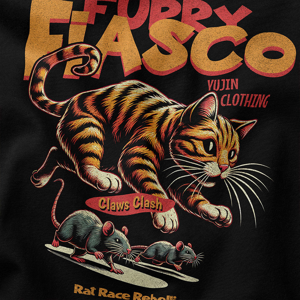 Yūjin Clothing Furry Fiasco Cat Tank Top featuring a soft, furry cat graphic on a comfortable sleeveless tank top.