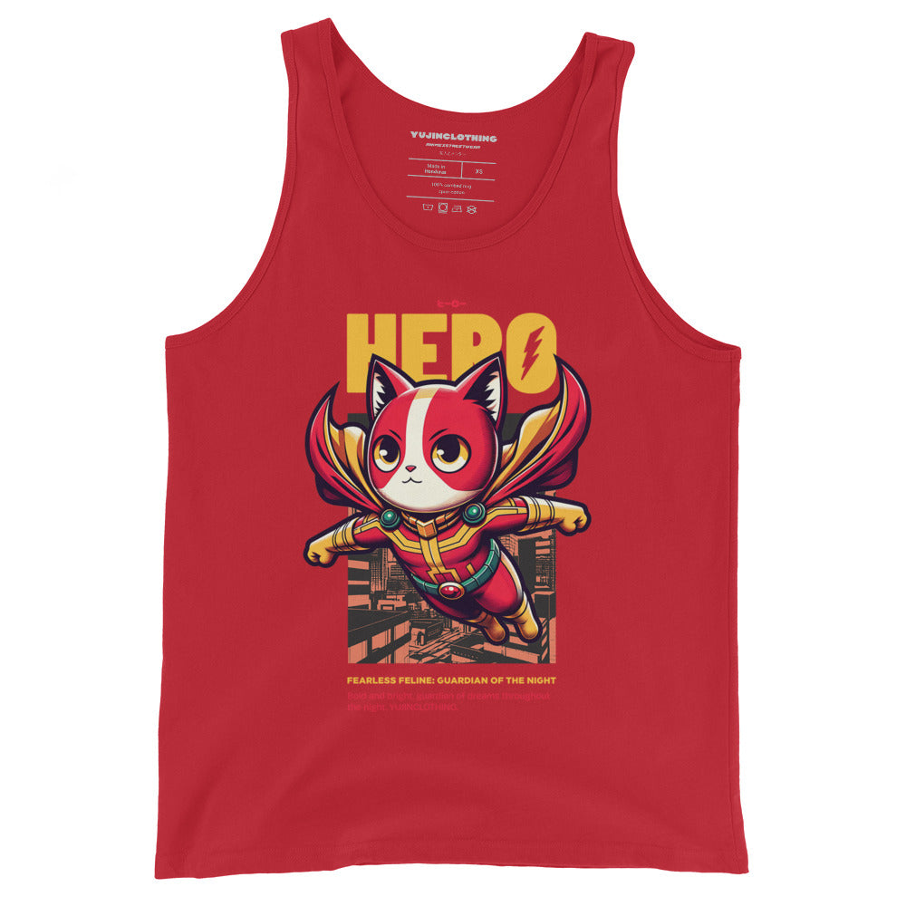 Yūjin Clothing hero cat tank top featuring a stylish cat graphic on a comfortable sleeveless shirt for casual wear.