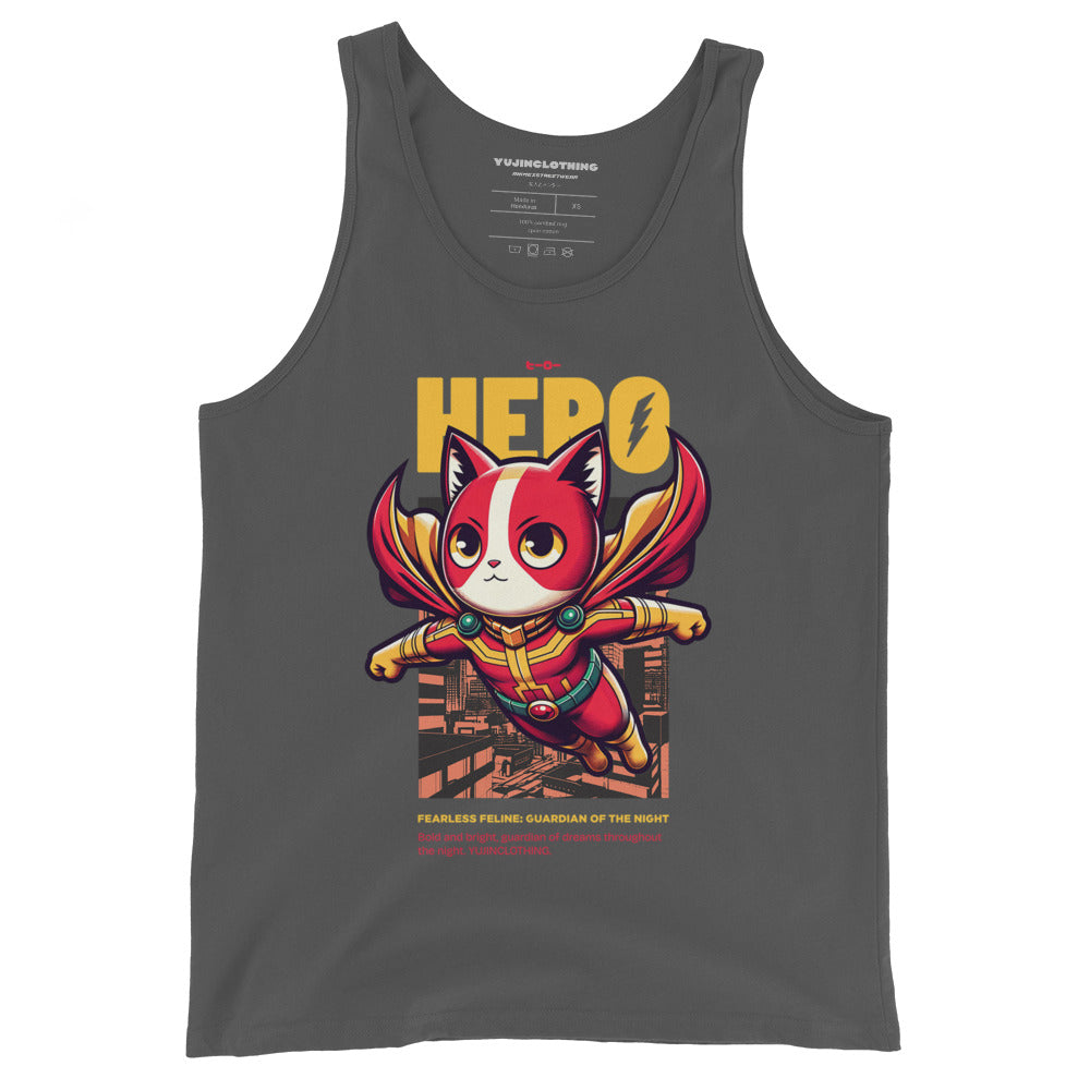 Yūjin Clothing hero cat tank top featuring a stylish graphic design on lightweight fabric, ideal for casual wear.