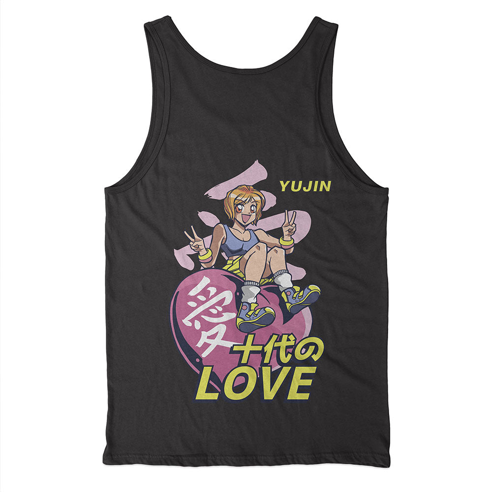 Yūjin Clothing love tank top, sleeveless casual top with love graphic design, soft fabric, and relaxed fit for everyday wear.