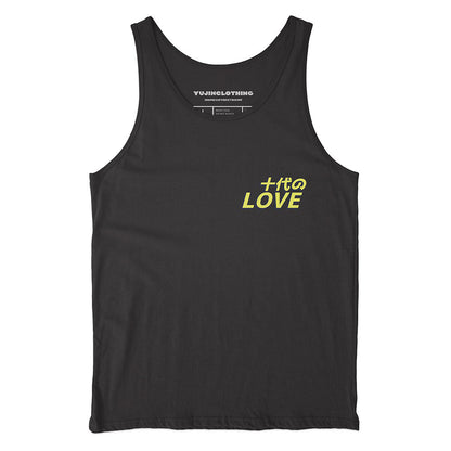 Yūjin Clothing Love tank top featuring a sleeveless design and printed love graphic on soft fabric, ideal for casual wear.