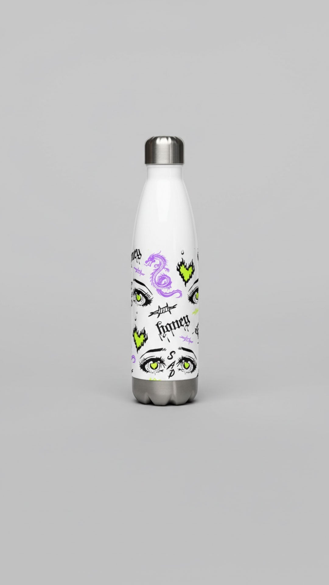 Yūjin Clothing honey water bottle with a sleek, clear design and a secure lid, perfect for staying hydrated on the go.