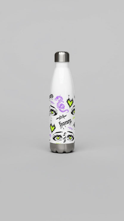 Yūjin Clothing honey water bottle with a sleek, clear design and a secure lid, perfect for staying hydrated on the go.